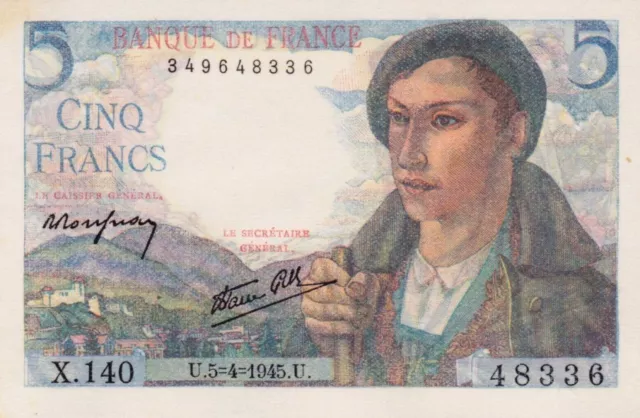 #Banque de France 5 Francs 1945 P-98 aUNC Shepherd