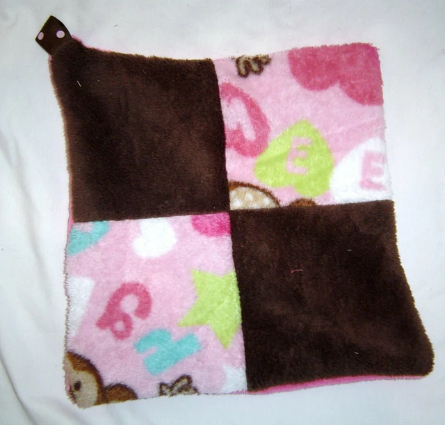 New Plush Mini Tag Security Blanket- Hot Pink Hearts and Monkeys Handcrafted