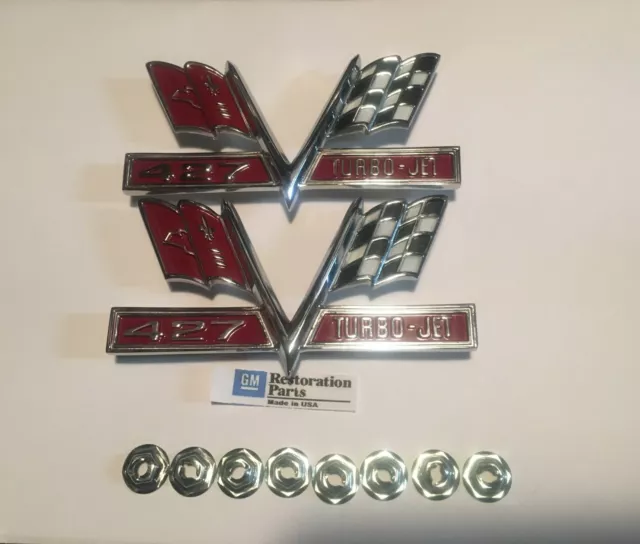 66-67 Chevy Impala SS 427 Turbo Jet Front Fender Crossflags Emblems PAIR New GM