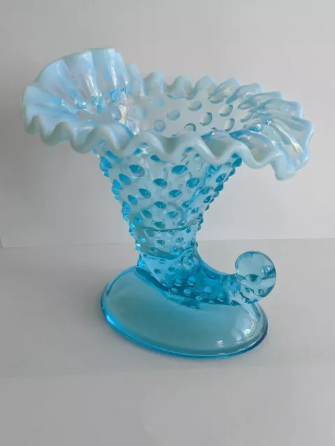 Rare Vintage Fenton Glass Blue Hobnail Opalescent Ruffled Edged Trumpet Vase