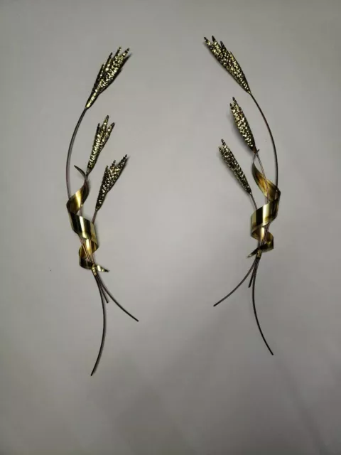 2 Vintage Mid Century Wheat & Swirl Wall Decor Pair Brass Copper Tone