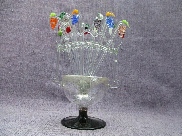 ANTIKE BIMINI ART Déco 12 CocktailSpieße+Ständer Set Glas Bowlpieker ...