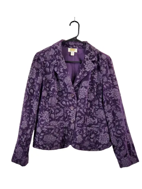 Talbots Jacket Womens 12 Petite Purple Embossed Velveteen Blazer Floral Pockets