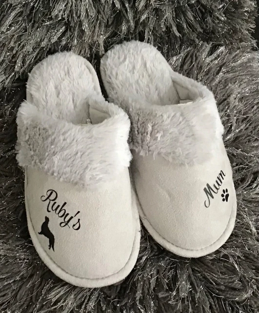 CAVALIER KING CHARLES  SPANIEL DOG  ON  NEW PERSONALISED LADIES grey slippers