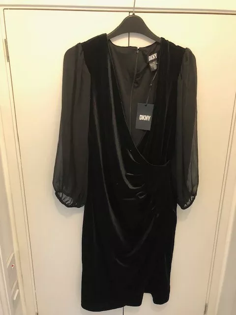 DKNY Womens Black Wrap Effect Velvet Dress (Size US 10, UK 14) New With Tags