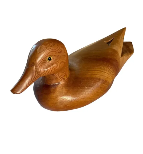 Small Wooden Duck Hand Carved Light Wood Glass Eyes Vintage