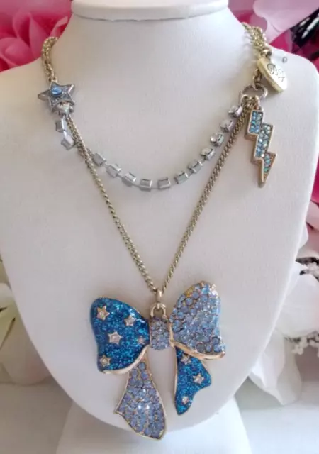 Betsey Johnson Lovely Blue Heaven's To Betsey Pave Crystal Inlay Bow Necklace