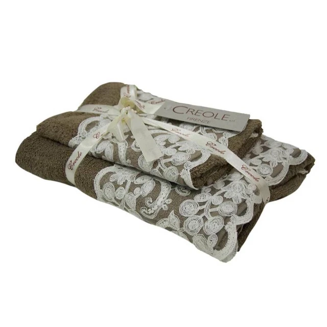Pair of cotton towels with dove gray Elsa lace border