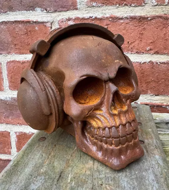 Skull Cast Iron Sculpture - wearing Headphones DJ Music - Indoor / Outdoor