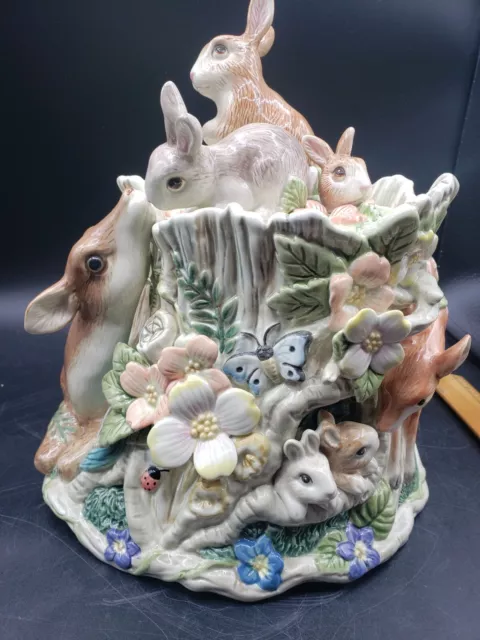 Fitz & Floyd Classics Woodland Spring Cookie Jar 11" Rabbits Deer Flowers