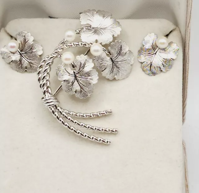 Vtg 50s-60s Van Dell Sterling Silver & Cultured Pearls Flowered Pin-Earring Set