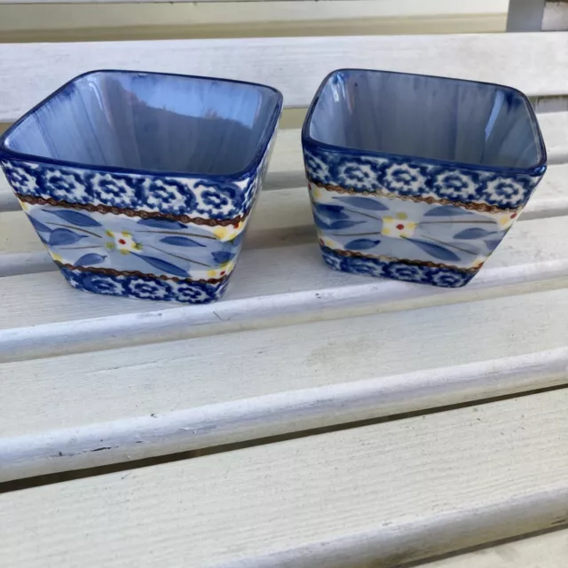 2 Temp-Tations Tara Blue Flower Old World Ovenware 8oz Square Dishes 3 1/2x2 1/2