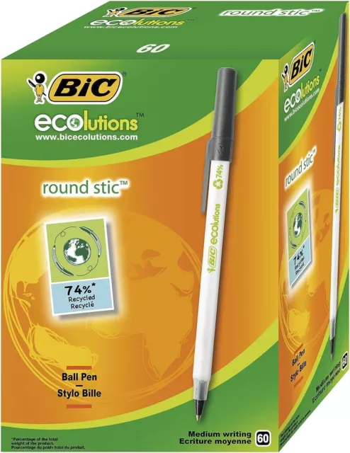 60 Penne BIC Ecolutions Round Stic Penne Nere a Sfera 74% di Plastica Riciclata