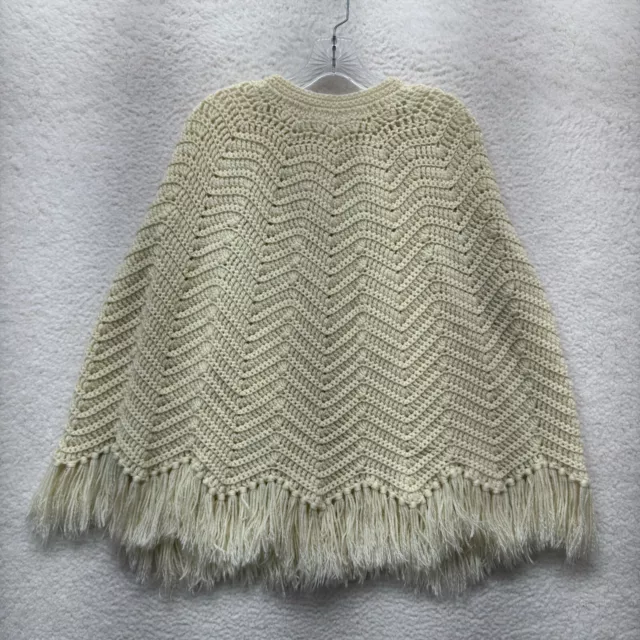 Vintage Handmade Poncho Cape Crochet Knit Cream Fringe Button Boho Lagenlook