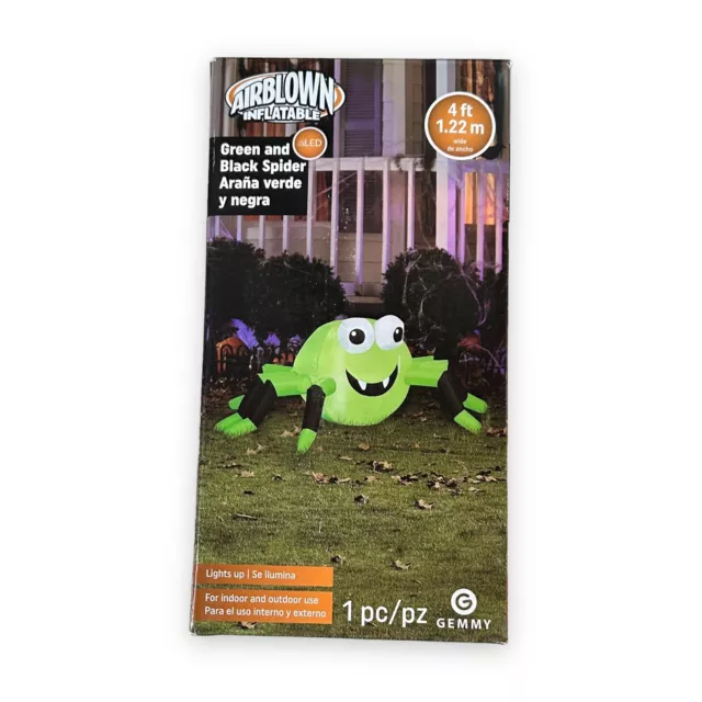 Nueva araña inflable verde y negra soplada por aire 4 pies iluminada decoración de patio de Halloween