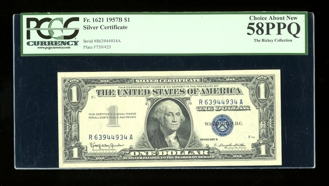 DBR $1 1957-B Silver Fr. 1621 RA Block PCGS 58 PPQ Serial R63944934A