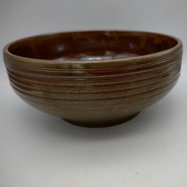 Antique redware pottery Serving Bowl brown green adventurine Drip Glaze 7"