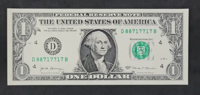 2017 1$ Dollar Bill With A Fancy 3 Digit Repeating Serial Number D 88717717 B