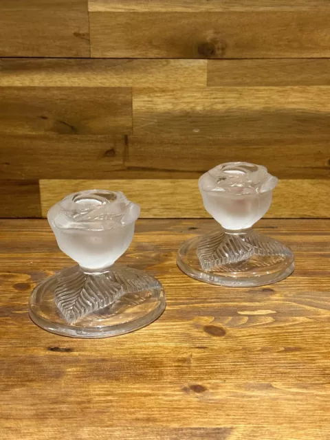 Candle Stick Holders Rose Glass Frosted / Clear Pair x2 Used