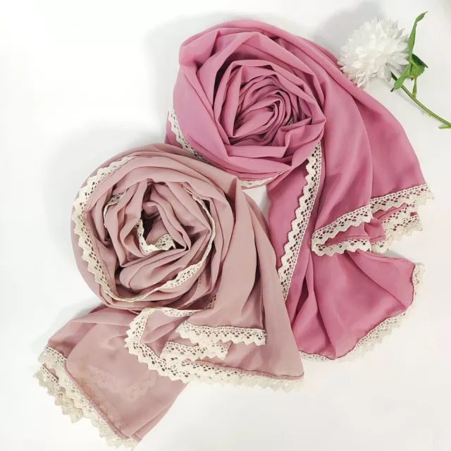 Women Muslim Chiffon Scarves Lace Edged Decor Shawls Wraps Plain Color Headscarf