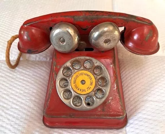 Vintage Red Toy Metal Telephone The N.N. Hill Brass Co. East Hampton Conn. USA