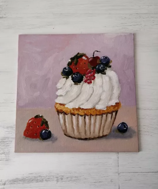 Original Oil Painting Cake Food Still Life Kitchen Wall Art Modern Decor 8x8"