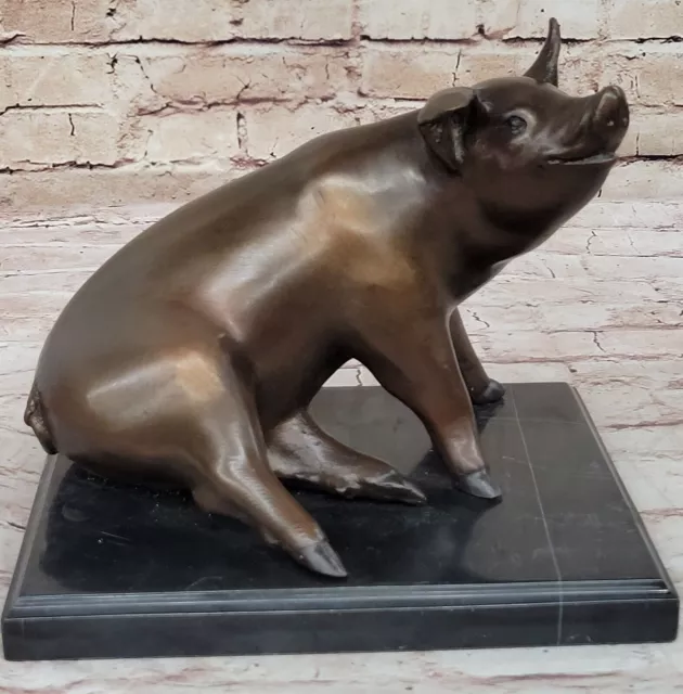 Bronze Art Deco Farm Decor Happy Pig Hand Made Detailed Statue Marble Figure NR