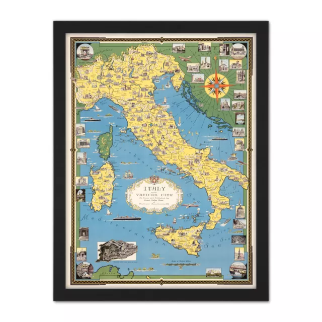 1944 Ernest Dudley Chase Map Italy With Vatican City Framed Wall Art Print 18X24