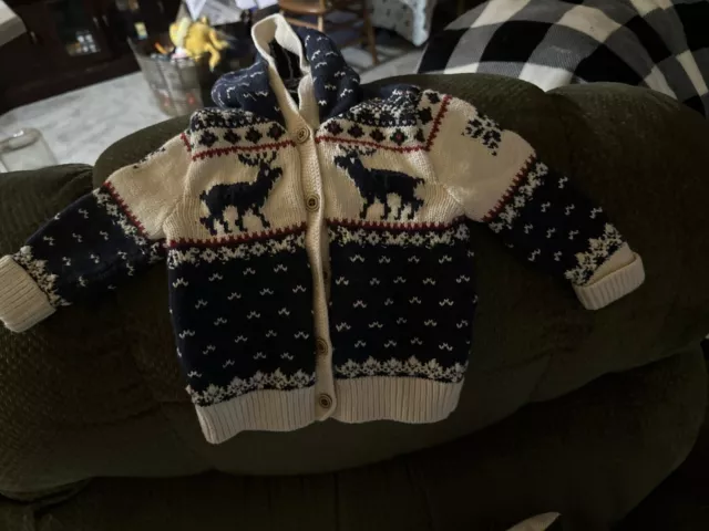 Ralph Lauren Cardigan Sweater Baby Boy’s 9M Fair Isle Flag Deer Cotton Wool Vtg
