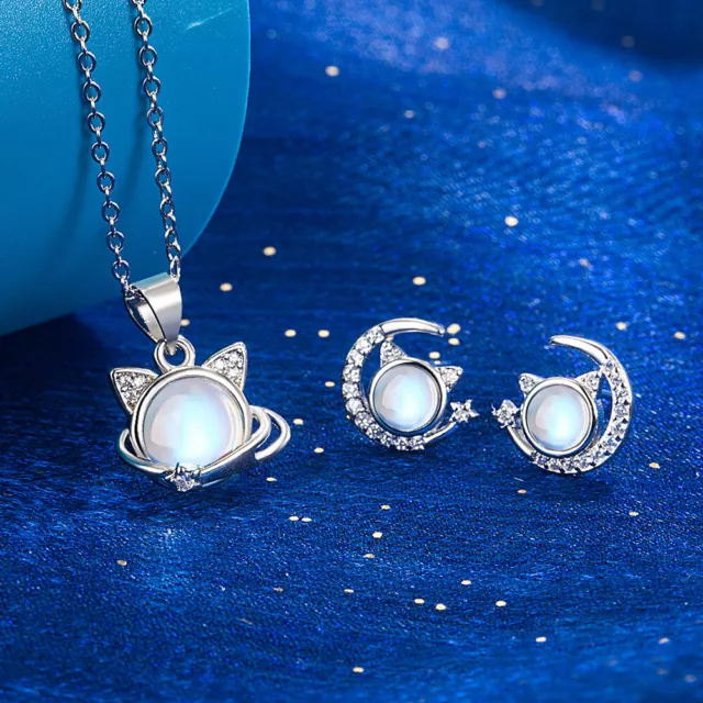 925 sterling silver moonstone moon cat necklace earrings women jewelry sets gift