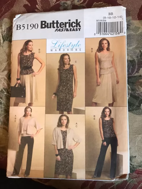 Uncut Butterick sewing pattern #B5190 MISSES JACKET TOP DRESS SKIRT PANTS 8-14