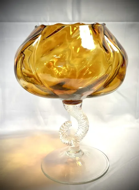 Empoli Amber Glass Hand Blown Footed Bowl Coiled Pedestal Italian Art Glass