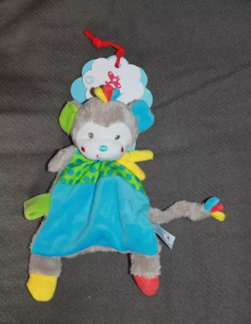 DOUDOU NICOTOY SIMBA TOYS SINGE PLAT GRIS BLEU POIS VERT JAUNE  NEUF etiquette
