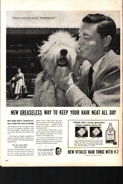 1954 Vitalis Hair Tonic V-7 Man Dog Sheepdog Greaseless Vintage Print Ad b3