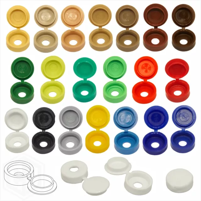 20 COLOUR SMALL PLASTIC HINGED SCREW FOLD OVER COVER CAPS 6g/8g Gauge M3.5 & M4