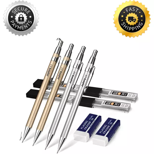 Joyberg 4 Pack Metal Mechanical Pencil 0.5mm, 0.7mm, Lead Pencil with 30 HB Lead Refills 0.5 & 30 HB Lead Refills 0.7 & 2 Erasers, Drafting Pencil Set