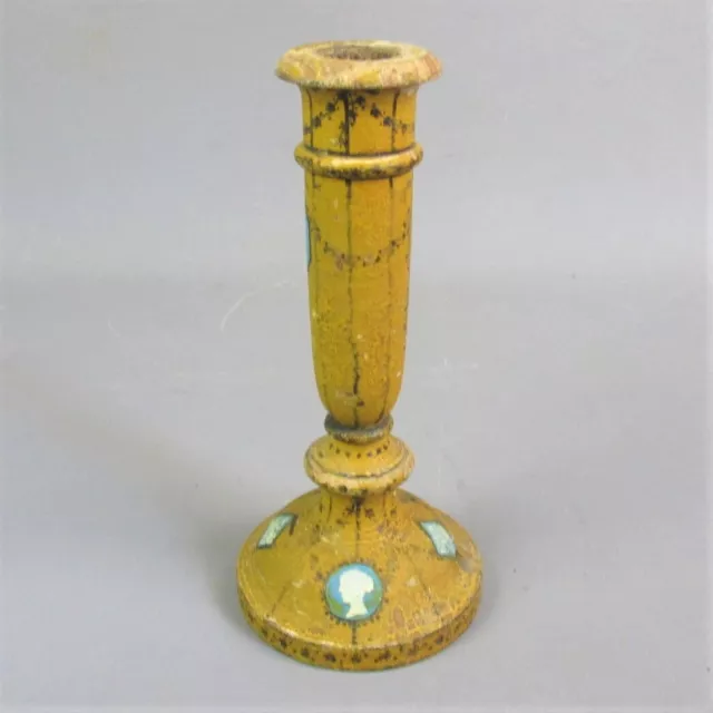 Antique Wooden Candlestick With Charming Hand Painted Detail 7" MADE IN FRANCE