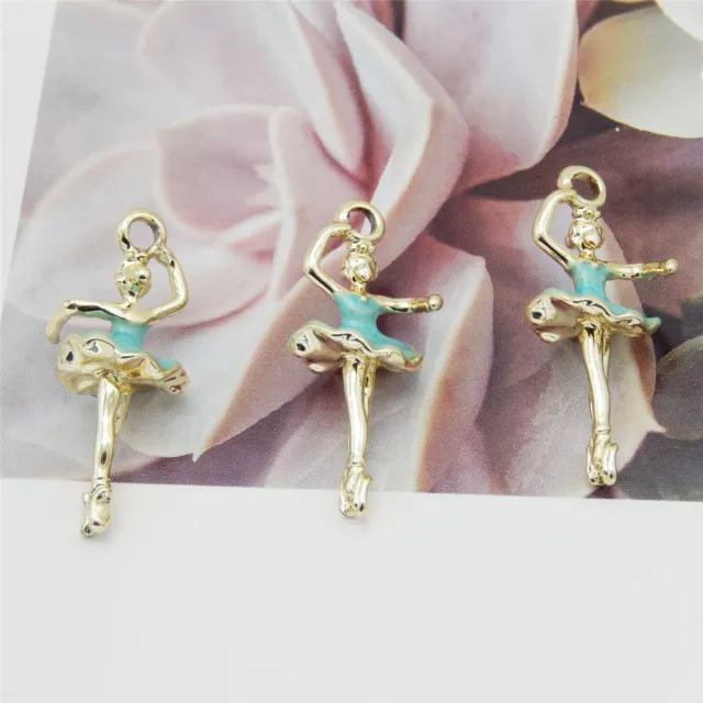 12 Stück Blau Emaille Tanzendes Mädchen Metall Gold Charm Anhänger 27x11mm