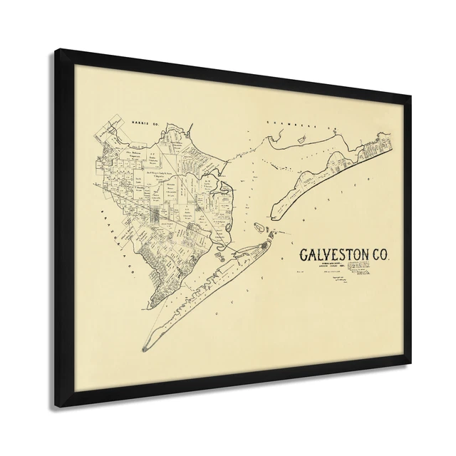 1892 Galveston Texas Map - Framed Vintage Galveston Wall Art  Poster
