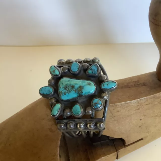 Old Navajo Turquoise Sterling Silver Cluster Bracelet Cuff