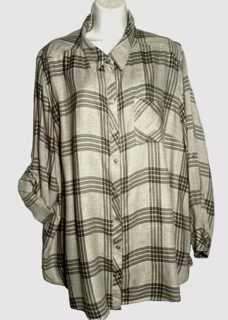 Catherines Blouse Shirt Womens PLUS 2X Brown Plaid LS Roll Tab Button Up Pocket