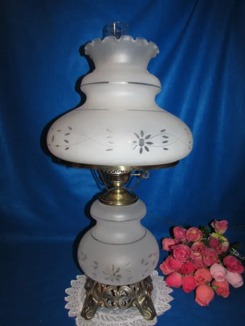 Vtg Xl Victorian Frosted Cut To Clear Hurricane Gwtw Parlor Table Lamp 28.5"