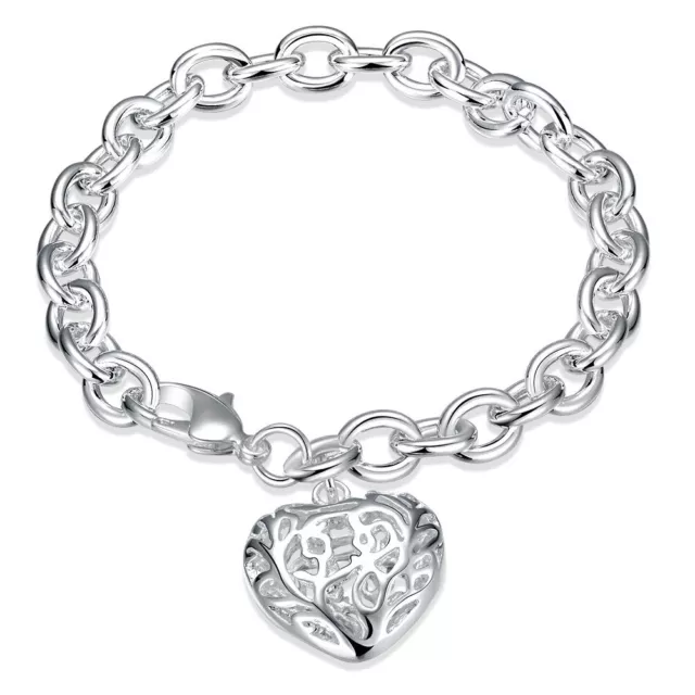 925 Silver Charm Heart Dangle Bracelet Bangle Women Men's Fashion Jewelry H269