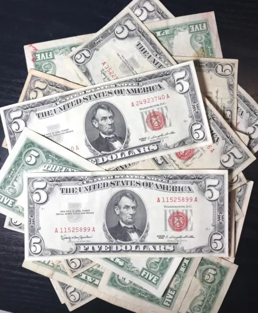 (1) One Random RARE 1953-1963 Red Seal $5 Legal Tender Note FIVE Dollar Bill Lot