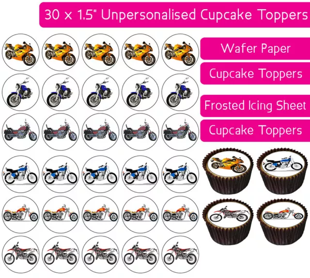 30 Motorbikes Edible Wafer & Icing Cupcakes Toppers Birthday Party Decor Biker