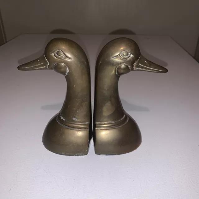 Vintage Pair Of Heavy Brass Golden Mallard Duck Head Bookends Goose Geese 6”