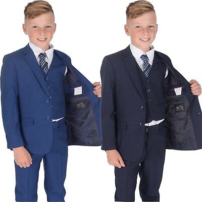 5 Piece Navy Blue Checked Suit Wedding Suit Prom Page Boy Suit Formal  2-15 Year