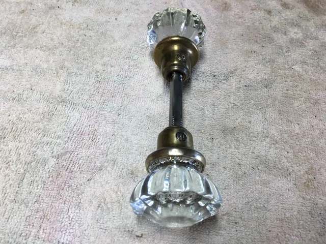 Antique glass crystal door knob set brass finish refurbished 12 point 3