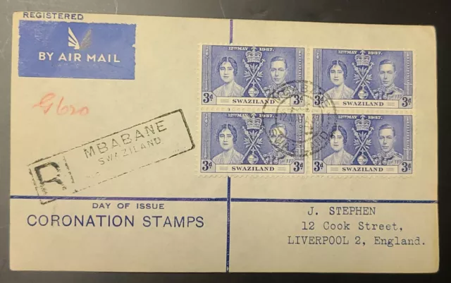 SWAZILAND 1937 KGVI Coronation First Day Cover FDC Registered BLOCK Stamp #3