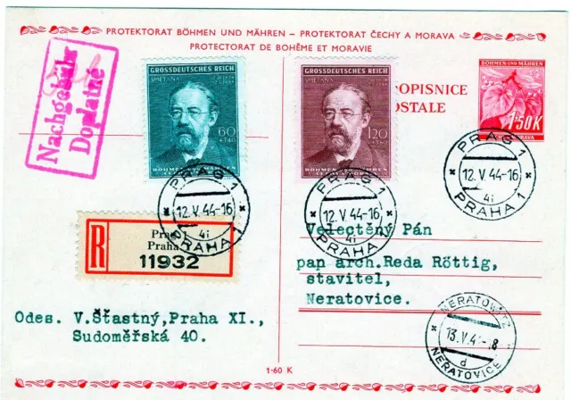 Böhmen & Mähren Ganzsache per Einschr. Prag-Neradowitz +Nr. 138-39 LP  (R-12-35)